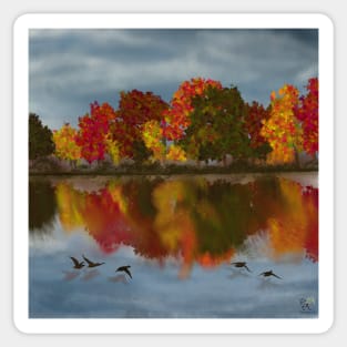 Autumn Days Watching Birds Flying Over Calm Water - Original Art Painting Sticker